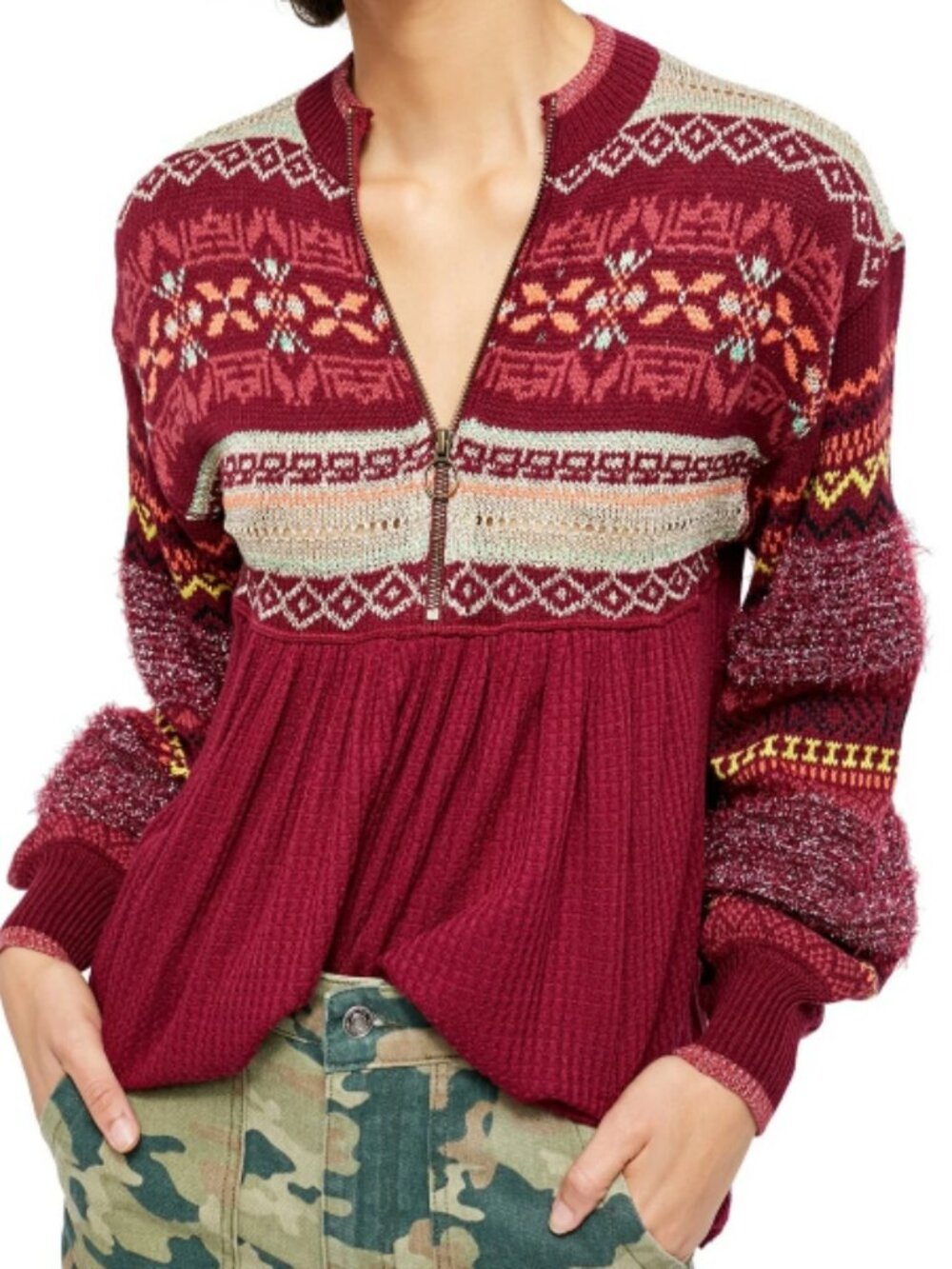Free People Cozy Cottage Fair Isle Thermal Sweater M